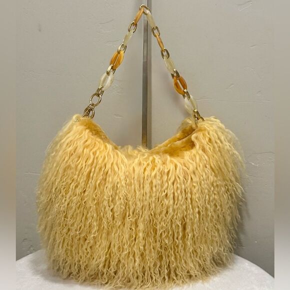 Yellow Real Mongolian Lamb Fur Handmade Stylish Hobo Bag/Multi Use Style - Picture 3 of 17